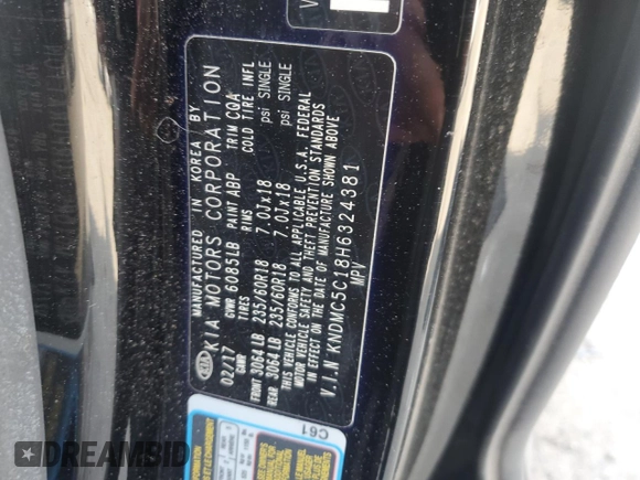 2017 Kia Sedona SX with VIN KNDMC5C18H6324381, listed as a Copart auction lot 53751025 with 103,273 mi miles and Salvage Title. Bid and sale history available at DreamBid. Image 13.