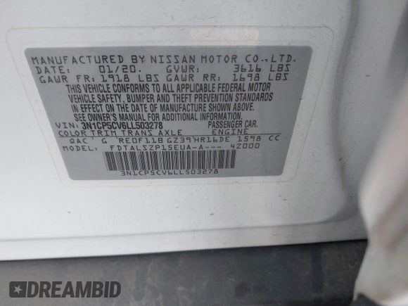 2020 Nissan Kicks SV with VIN 3N1CP5CV6LL503278, listed as a IAAI auction lot 42283410 with 30,639 mi miles and . Bid and sale history available at DreamBid. Image 9.