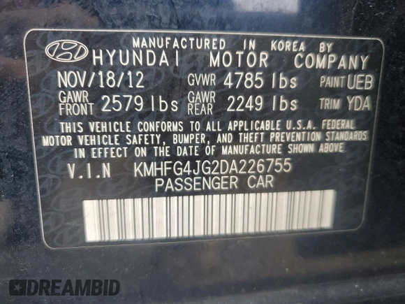 2013 Hyundai Azera z VIN KMHFG4JG2DA226755, wystawiony jako Copart lot #53602115 z przebiegiem 115 204 mil mil oraz Szkoda całkowita • Salvage title. Historia ofert i sprzedaży dostępna na DreamBid. Obrazek 12.