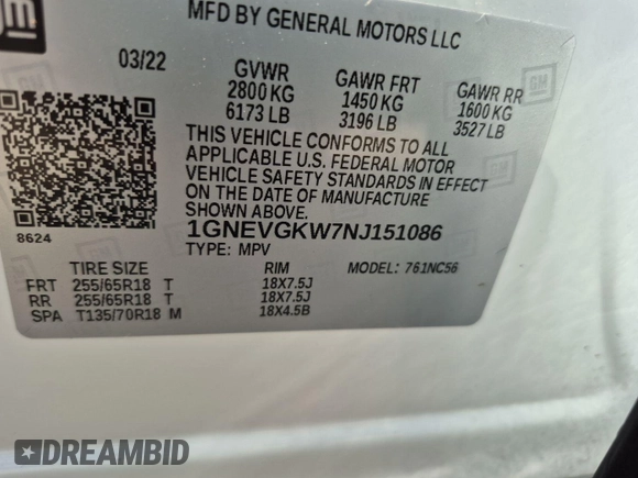 2022 Chevrolet Traverse LT Cloth with VIN 1GNEVGKW7NJ151086, listed as a IAAI auction lot 42613997 with 80,287 mi miles and . Bid and sale history available at DreamBid. Image 5.