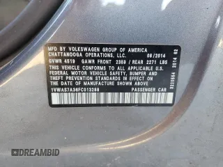 2015 Volkswagen Passat S with VIN 1VWAS7A36FC013288, listed as a Copart auction lot 76267614 with 145,434 mi miles and Salvage title. Bid and sale history available at DreamBid. Image 15.