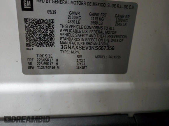 2019 Chevrolet Equinox LS with VIN 3GNAXSEV3KS667356, listed as a Copart auction lot 82869984 with 61,514 mi miles and Salvage Title. Bid and sale history available at DreamBid. Image 14.