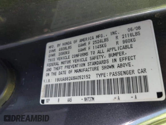 2008 Acura TL with VIN 19UUA66248A052152, listed as a IAAI auction lot 41870319 with 1 mi miles. Bid and sale history available at carsss.com. Image 9.