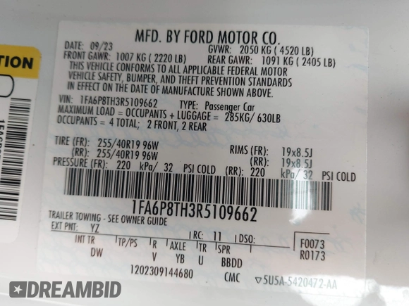 2024 Ford Mustang EcoBoost z VIN 1FA6P8TH3R5109662, wystawiony jako IAAI lot #42164383 z przebiegiem 3 336 mil mil oraz . Historia ofert i sprzedaży dostępna na DreamBid. Obrazek 9.