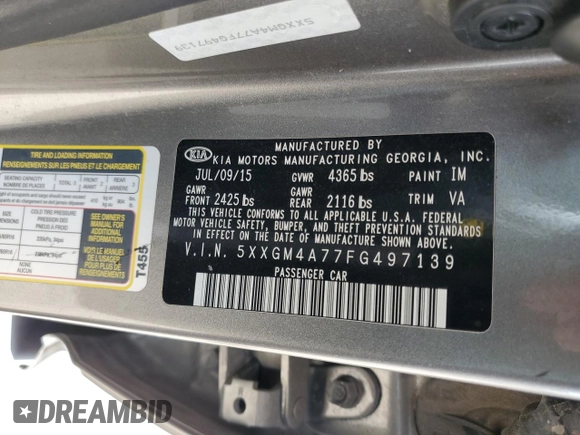 2015 Kia Optima LX with VIN 5XXGM4A77FG497139, listed as a Copart auction lot 49471235 with 163,492 mi miles and Salvage Title. Bid and sale history available at DreamBid. Image 12.