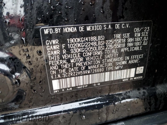 2024 Honda HR-V Sport with VIN 3CZRZ2H59RM726680, listed as a Copart auction lot 55129335 with 15,435 mi miles and Salvage title. Bid and sale history available at DreamBid. Image 12.