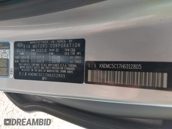 2017 Kia Sedona EX with VIN KNDMC5C17H6312805, listed as a IAAI auction lot 41363238 with 68,722 mi miles. Bid and sale history available at carsss.com. Image 9.