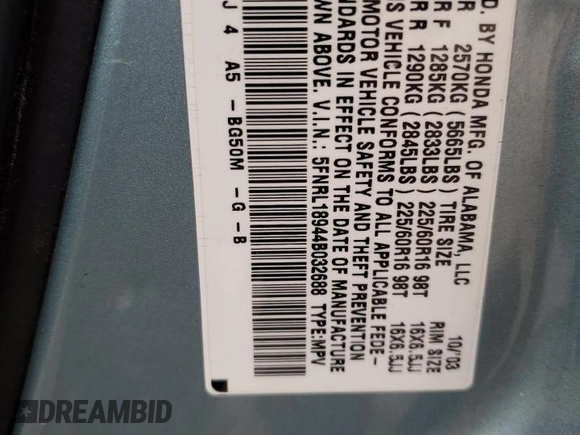 2004 Honda Odyssey EX-L with VIN 5FNRL18944B032688, listed as a Copart auction lot 49504405 with 253,823 mi miles and Non Repairable. Bid and sale history available at DreamBid. Image 13.