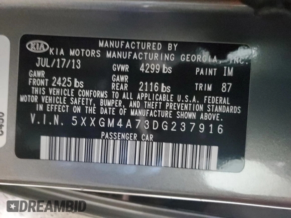 2013 Kia Optima LX with VIN 5XXGM4A73DG237916, listed as a Copart auction lot 41619255 with 131,968 mi miles and Salvage Title. Bid and sale history available at carsss.com. Image 13.
