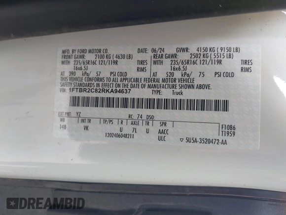 2024 Ford Transit Cargo with VIN 1FTBR2C82RKA94637, listed as a IAAI auction lot 41829528 with 16,901 mi miles and . Bid and sale history available at DreamBid. Image 9.
