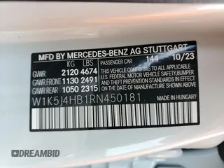2024 Mercedes-Benz CLA 250 with VIN W1K5J4HB1RN450181, listed as a Copart auction lot 50052825 with 5,297 mi miles and Salvage title. Bid and sale history available at DreamBid. Image 13.