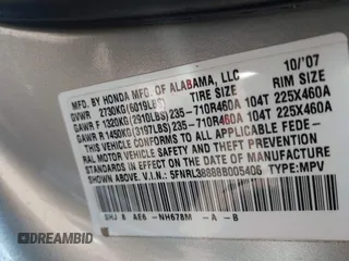 2008 Honda Odyssey Touring with VIN 5FNRL38888B005406, listed as a IAAI auction lot 41689635 with 164,340 mi miles. Bid and sale history available at carsss.com. Image 9.
