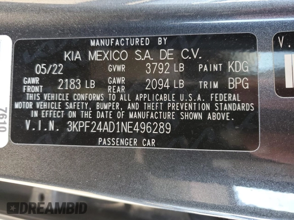2022 Kia Forte LXS with VIN 3KPF24AD1NE496289, listed as a Copart auction lot 52029665 with 23,604 mi miles and Non Repairable. Bid and sale history available at DreamBid. Image 14.
