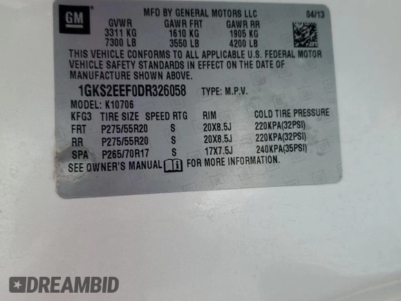 2013 GMC Yukon Denali with VIN 1GKS2EEF0DR326058, listed as a Copart auction lot 50707535 with 156,764 mi miles and Salvage Title. Bid and sale history available at carsss.com. Image 14.