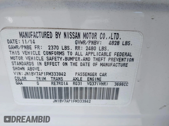 2015 Infiniti Q50 with VIN JN1BV7AP1FM333942, listed as a IAAI auction lot 42310734 with 111,592 mi miles and . Bid and sale history available at DreamBid. Image 9.