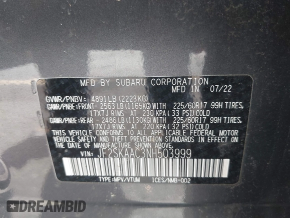 2022 Subaru Forester with VIN JF2SKAAC3NH503999, listed as a IAAI auction lot 42373622 with 18,430 mi miles and . Bid and sale history available at DreamBid. Image 9.