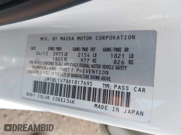 2013 Mazda 3 i Touring with VIN JM1BL1V78D1817695, listed as a IAAI auction lot 42558301 with 190,166 mi miles and . Bid and sale history available at DreamBid. Image 9.
