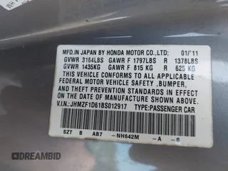 2011 Honda CR-Z EX with VIN JHMZF1D61BS012917, listed as a IAAI auction lot 42019921 with 217,004 mi miles and . Bid and sale history available at carsss.com. Image 9.