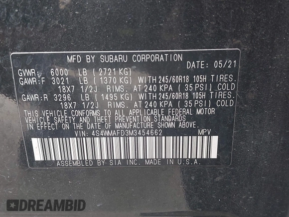 2021 Subaru Ascent Premium with VIN 4S4WMAFD3M3454662, listed as a IAAI auction lot 41965236 with 74,738 mi miles and . Bid and sale history available at DreamBid. Image 9.