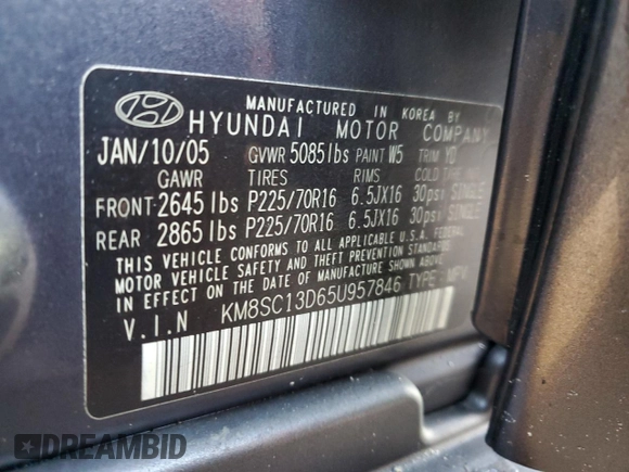 2005 Hyundai Santa Fe GLS with VIN KM8SC13D65U957846, listed as a Copart auction lot 77073824 with 51,485 mi miles and Non Repairable. Bid and sale history available at carsss.com. Image 13.