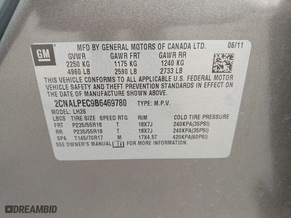 2011 Chevrolet Equinox LT w/2LT with VIN 2CNALPEC9B6469780, listed as a IAAI auction lot 42127506 with 201,537 mi miles. Bid and sale history available at carsss.com. Image 9.