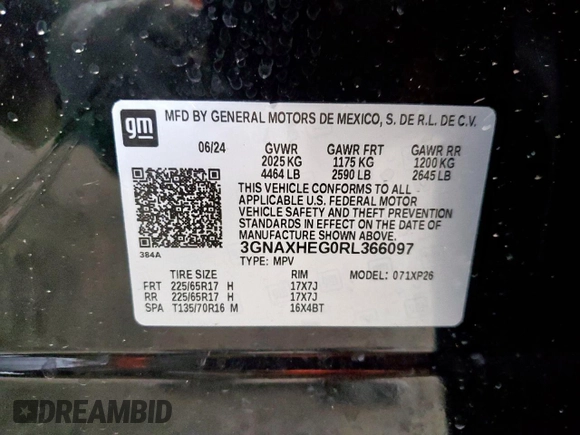 2024 Chevrolet Equinox LS with VIN 3GNAXHEG0RL366097, listed as a Copart auction lot 61048045 with 22,968 mi miles and Salvage title. Bid and sale history available at DreamBid. Image 13.