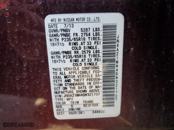 2013 Nissan Murano S with VIN JN8AZ1MW4DW321707, listed as a Copart auction lot 84372244 with 89,674 mi miles and Salvage Title. Bid and sale history available at carsss.com. Image 14.