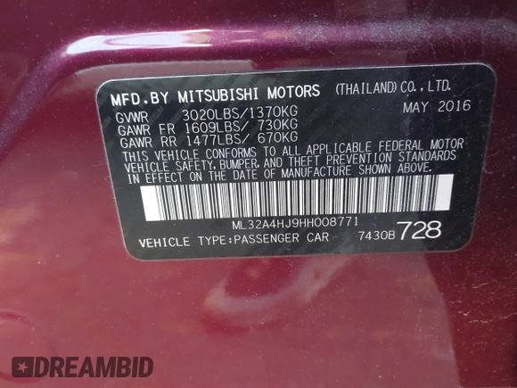 2017 Mitsubishi Mirage SE z VIN ML32A4HJ9HH008771, wystawiony jako IAAI lot #41890073 z przebiegiem 100 000 mil mil oraz . Historia ofert i sprzedaży dostępna na DreamBid. Obrazek 9.