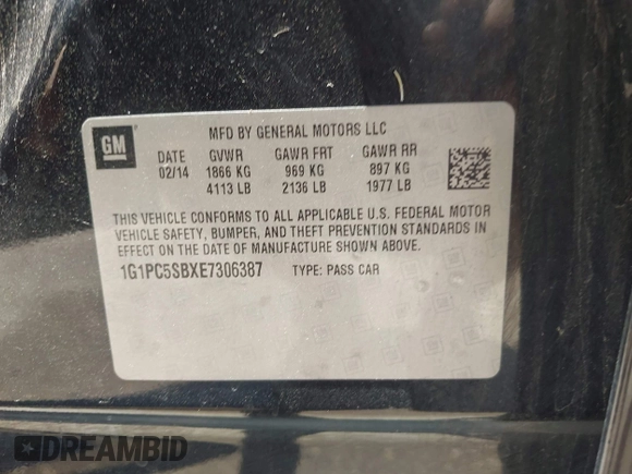 2014 Chevrolet Cruze 1LT with VIN 1G1PC5SBXE7306387, listed as a IAAI auction lot 42710539 with 234,016 mi miles and . Bid and sale history available at DreamBid. Image 9.