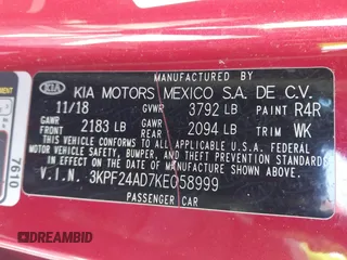 2019 Kia Forte LXS z VIN 3KPF24AD7KE058999, wystawiony jako IAAI lot #41599213 z przebiegiem 113 551 mil mil oraz . Historia ofert i sprzedaży dostępna na DreamBid. Obrazek 9.
