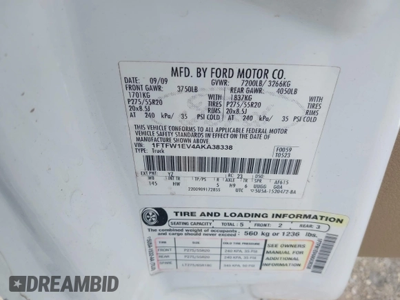2010 Ford F-150 XL with VIN 1FTFW1EV4AKA38338, listed as a IAAI auction lot 42644684 with 209,725 mi miles and . Bid and sale history available at DreamBid. Image 9.