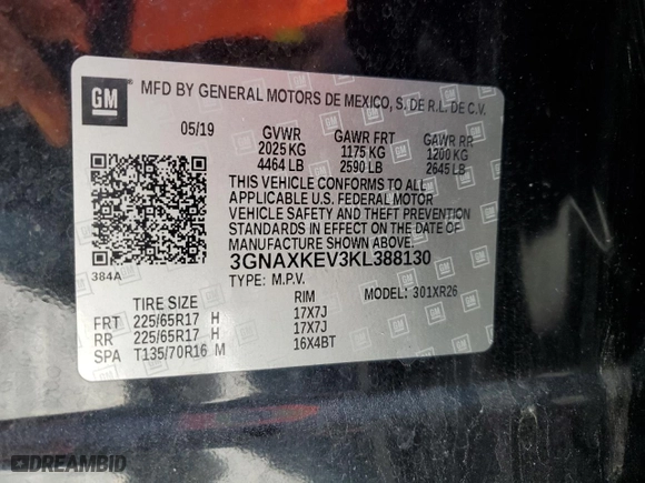 2019 Chevrolet Equinox LT with VIN 3GNAXKEV3KL388130, listed as a Copart auction lot 85890114 with 70,839 mi miles and Salvage Title. Bid and sale history available at carsss.com. Image 13.