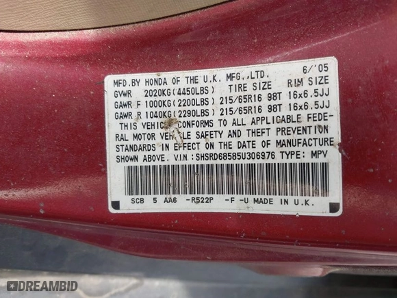 2005 Honda CR-V LX with VIN SHSRD68585U306976, listed as a IAAI auction lot 41999605 with 272,696 mi miles. Bid and sale history available at carsss.com. Image 9.