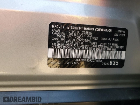 2024 Mitsubishi Outlander SE z VIN JA4J4VA80RZ074578, wystawiony jako Copart lot #55181295 z przebiegiem 8 151 mil mil oraz Szkoda całkowita • Salvage title. Historia ofert i sprzedaży dostępna na DreamBid. Obrazek 13.