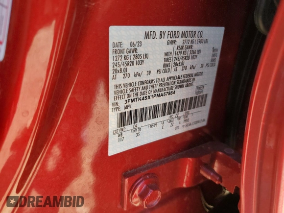 2023 Ford Mustang Mach-E GT with VIN 3FMTK4SX1PMA57884, listed as a Copart auction lot 56065954 with 4,708 mi miles and Salvage Title. Bid and sale history available at DreamBid. Image 13.
