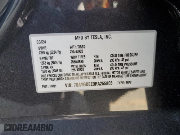 2024 Tesla Model Y Long Range z VIN 7SAYGDEE9RA255805, wystawiony jako Copart lot #50836555 z przebiegiem Nie podano mil oraz Szkoda całkowita • Salvage title. Historia ofert i sprzedaży dostępna na DreamBid. Obrazek 12.
