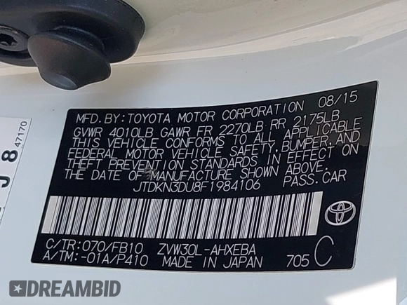 2015 Toyota Prius Four with VIN JTDKN3DU8F1984106, listed as a IAAI auction lot 42676087 with 54,956 mi miles and . Bid and sale history available at DreamBid. Image 9.
