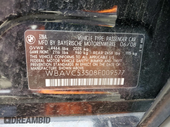 2008 BMW 3 Series 328i with VIN WBAVC53508F009577, listed as a Copart auction lot 46663635 with 138,355 mi miles and Salvage Title. Bid and sale history available at carsss.com. Image 12.