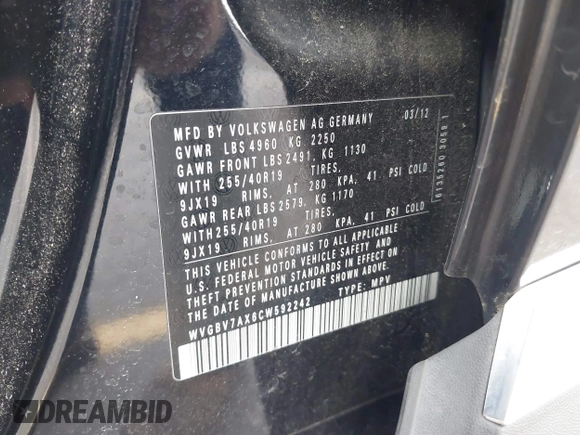 2012 Volkswagen Tiguan S with VIN WVGBV7AX6CW592242, listed as a IAAI auction lot 42215240 with 158,852 mi miles and . Bid and sale history available at DreamBid. Image 9.