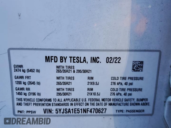 2022 Tesla Model S с VIN 5YJSA1E51NF470627, выставлен на аукционе Copart как лот 48011095 с пробегом Не указан миль и Списание • Salvage title. История ставок и продаж доступна на DreamBid. Изображение 12.
