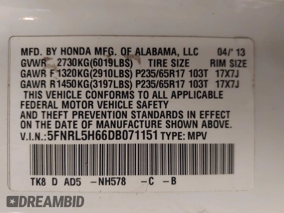 2013 Honda Odyssey EX-L with VIN 5FNRL5H66DB071151, listed as a IAAI auction lot 41914345 with 194,804 mi miles and . Bid and sale history available at carsss.com. Image 9.