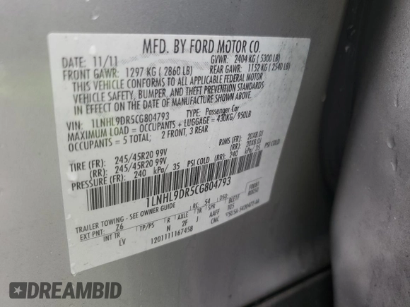 2012 Lincoln MKS with VIN 1LNHL9DR5CG804793, listed as a Copart auction lot 48966795 with 111,097 mi miles and Clean Title. Bid and sale history available at DreamBid. Image 12.