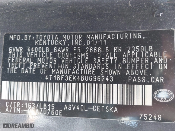 2011 Toyota Camry LE with VIN 4T1BF3EK4BU696243, listed as a IAAI auction lot 41847002 with 1 mi miles. Bid and sale history available at carsss.com. Image 9.