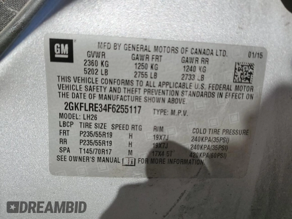 2015 GMC Terrain SLE with VIN 2GKFLRE34F6255117, listed as a Copart auction lot 82216064 with 123,457 mi miles and Salvage Title. Bid and sale history available at DreamBid. Image 15.