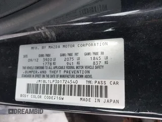 2013 Mazda 3 i Touring with VIN JM1BL1LP3D1724540, listed as a IAAI auction lot 41528716 with 217,670 mi miles and . Bid and sale history available at carsss.com. Image 9.
