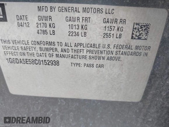 2012 Cadillac CTS with VIN 1G6DA5E58C0152938, listed as a IAAI auction lot 42319555 with 190,259 mi miles and . Bid and sale history available at DreamBid. Image 9.