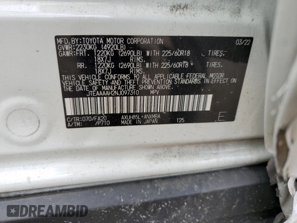 2022 Toyota Venza LE with VIN JTEAAAAH2NJ097310, listed as a Copart auction lot 63037034 with 51,468 mi miles and Salvage Title. Bid and sale history available at carsss.com. Image 13.