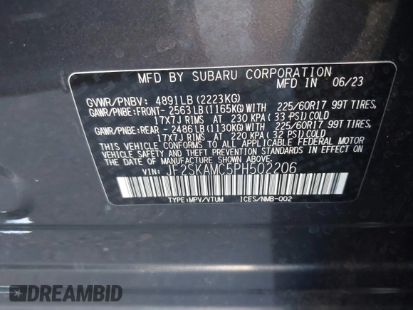 2023 Subaru Forester Wilderness with VIN JF2SKAMC5PH502206, listed as a IAAI auction lot 41033661 with 15,968 mi miles. Bid and sale history available at carsss.com. Image 9.