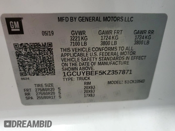 2019 Chevrolet Silverado 1500 Custom with VIN 1GCUYBEF5KZ357871, listed as a Copart auction lot 77817094 with 74,718 mi miles and Salvage Title. Bid and sale history available at DreamBid. Image 14.