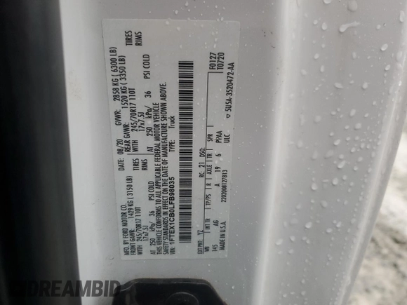 2020 Ford F-150 XL with VIN 1FTEX1CB0LFB98035, listed as a Copart auction lot 44236955 with 82,235 mi miles and Salvage title. Bid and sale history available at DreamBid. Image 12.